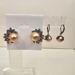 Pearl Earrings Set Silver‎ Tone Accents Lever Back Ball Drop Stud Jewelry